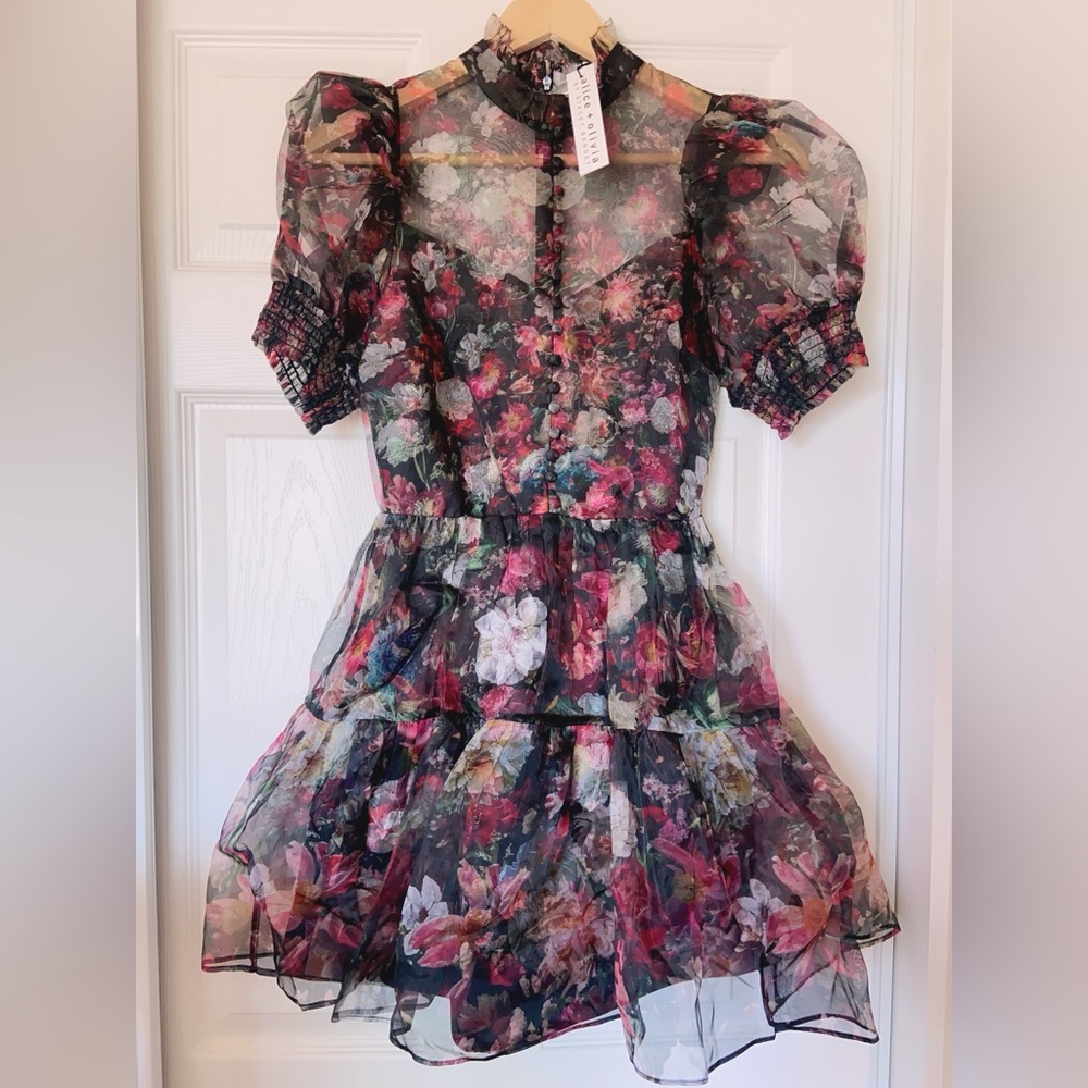 NWT $595 Alice + Olivia Vernita Silk Puff Sleeve Mini Dress - Picture 6 of 8
